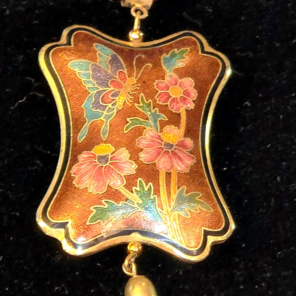 Unsigned Cloisonne Tassel Necklace Women 32" Brown Butterfly Enamel Pendant